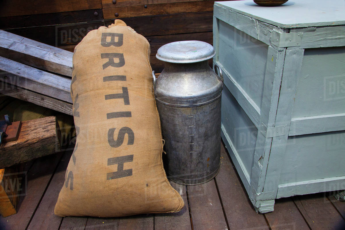 A brown burlap bag labeled 'british';Shildon durham england Stock