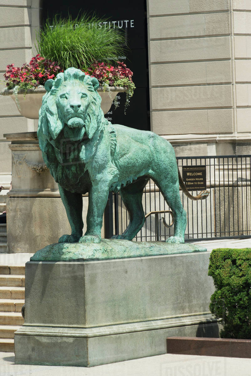Lion Statue On A Pedestal In Front Of The Art Institute Chicago
