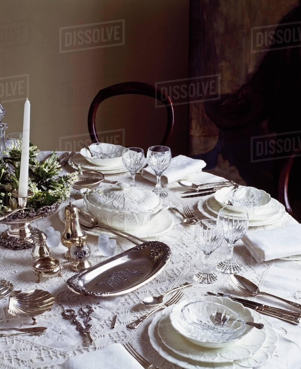 Silver Dinner Table Setting; Ireland - Stock Photo - Dissolve