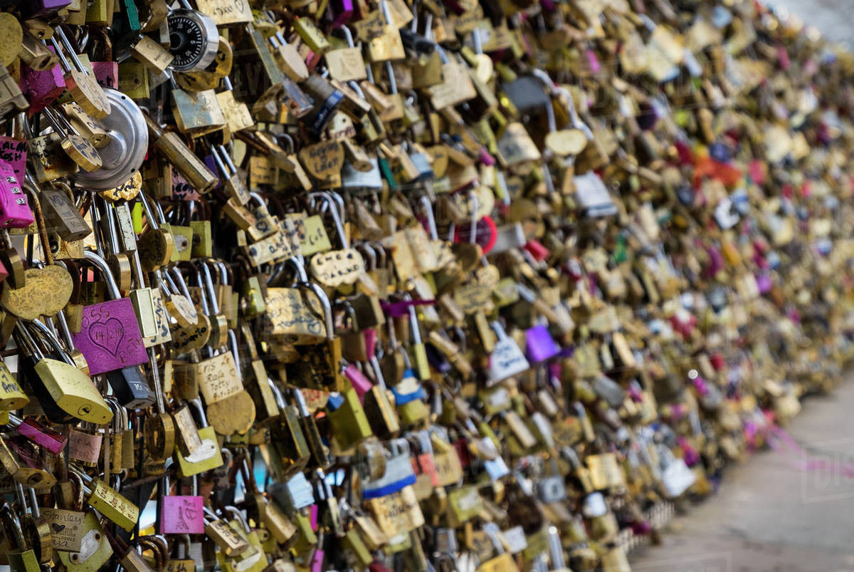 Love locks line a fence in the heart of Paris; Paris, France Stock