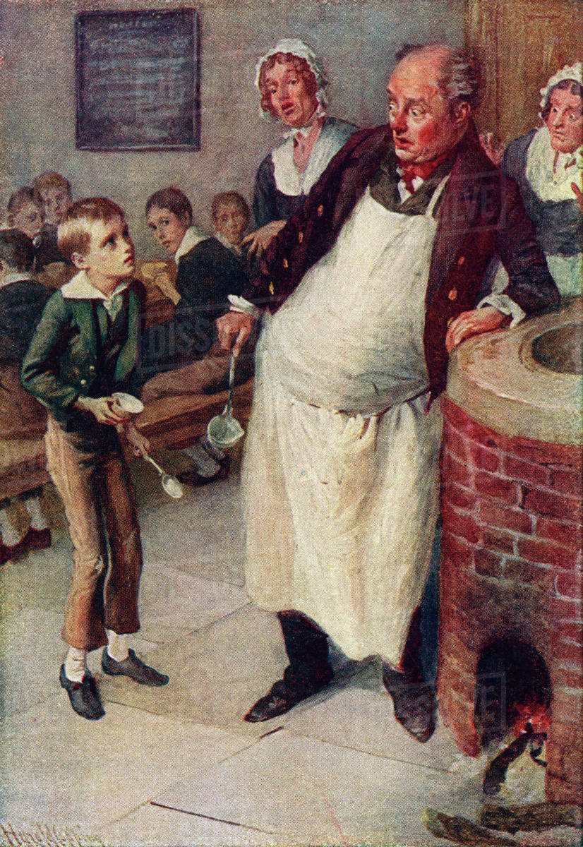 Oliver Twist Asks For More. Illustration by Harold Copping. From a 1920's edition of Trotty Veck and his Daughter Meg and Other Stories. The book contains Charles Dickens stories retold for children by Dickens' granddaughter Mary Angela Dickens and others. Rights-managed stock photo