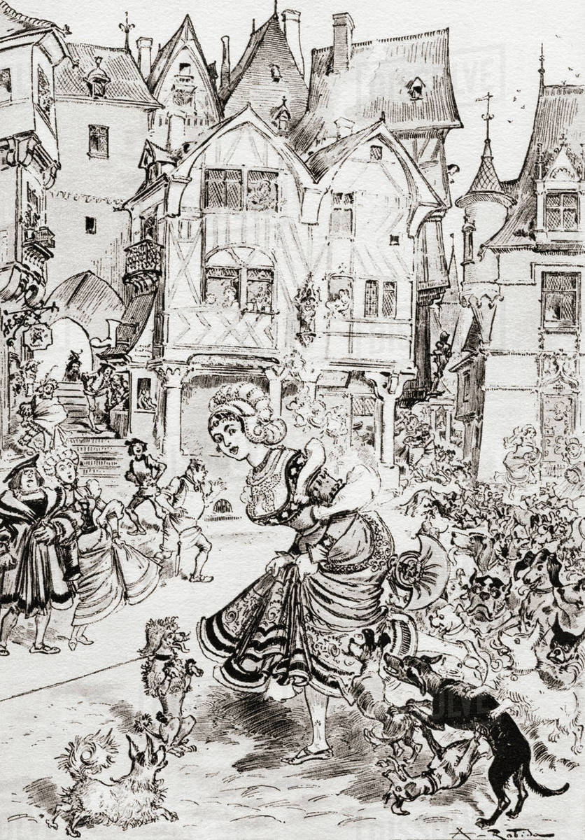Mesaventure d'une Haute Dame de Paris or The Mishap of a High Lady of Paris. After the illustration by Albert Robida for Gargantua and Pantagruel by François Rabelais. From Oevres de Rabelais, published 1928. Rights-managed stock photo