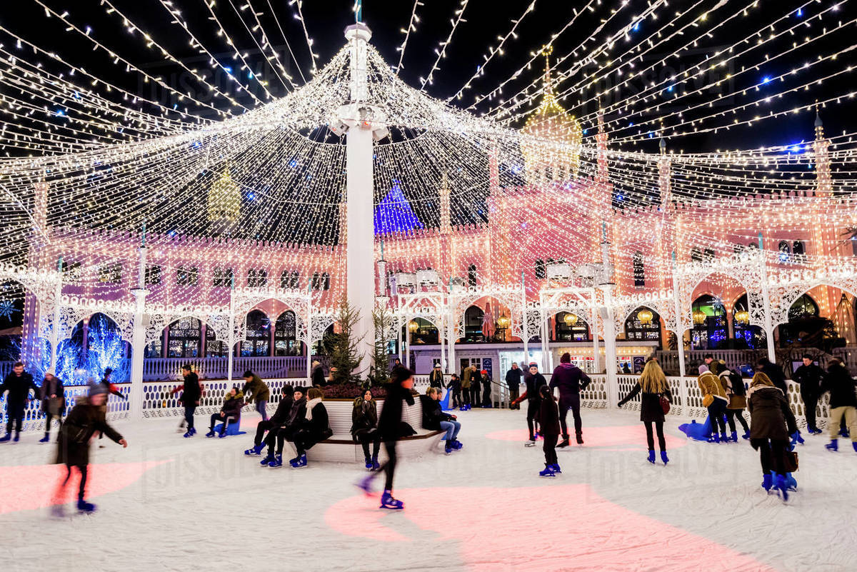 Ice skating rink in Tivoli Gardens; Copenhagen, Denmark Stock Photo Dissolve
