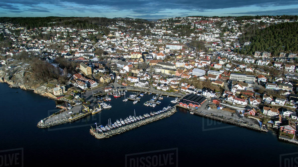 Elevated view of harbour, Drobak, Norway Stock Photo Dissolve