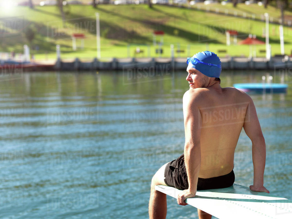 Diver on diving platform, Geelong, Victoria, Australia Stock Photo