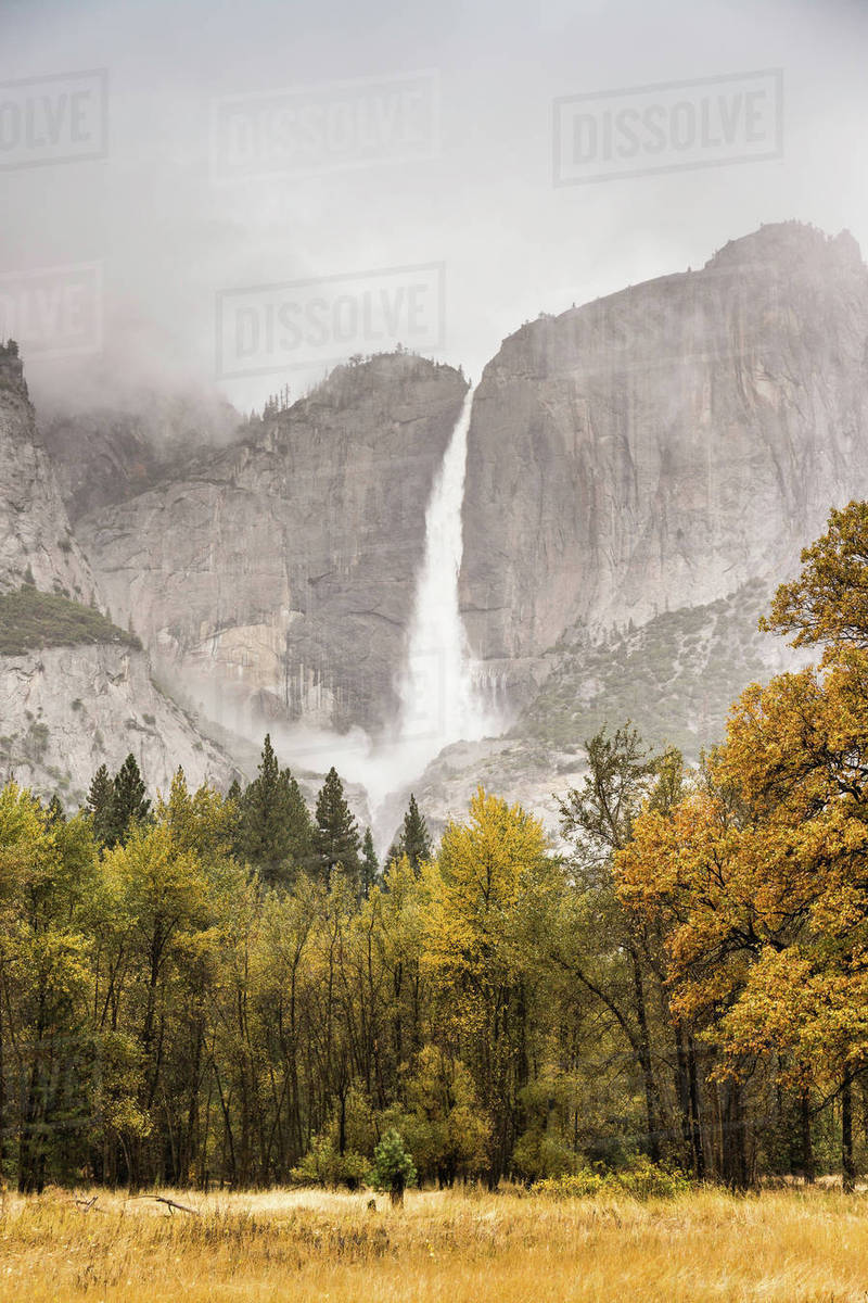 Landscape with distant misty waterfall, Yosemite National Park, California, USA Royalty-free stock photo