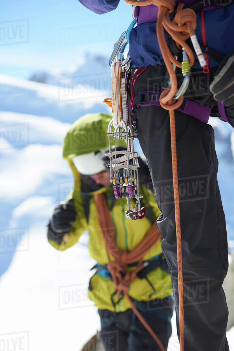 Safety harness worn by mountaineer Stock Photo Dissolve