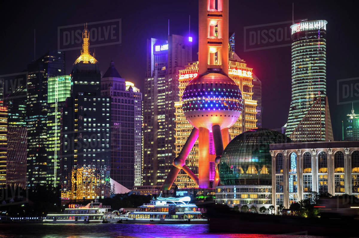Pudong Skyline With Oriental Pearl Tower At Night Shanghai China Stock Photo Dissolve