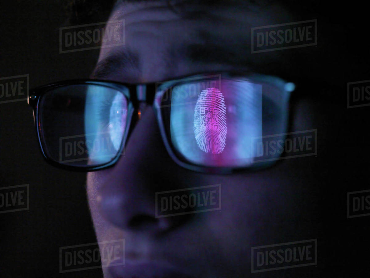 Cyber Security, reflection in spectacles of access information being ...