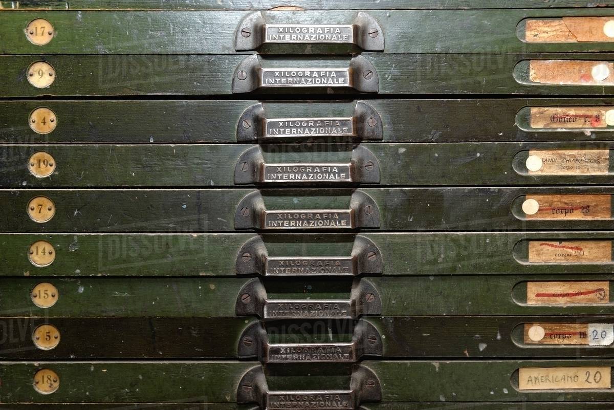 Close up of letterpress drawers in traditional bookbinding