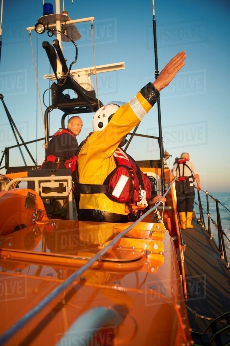 Lifeboat crew training on lifeboat - Stock Photo - Dissolve