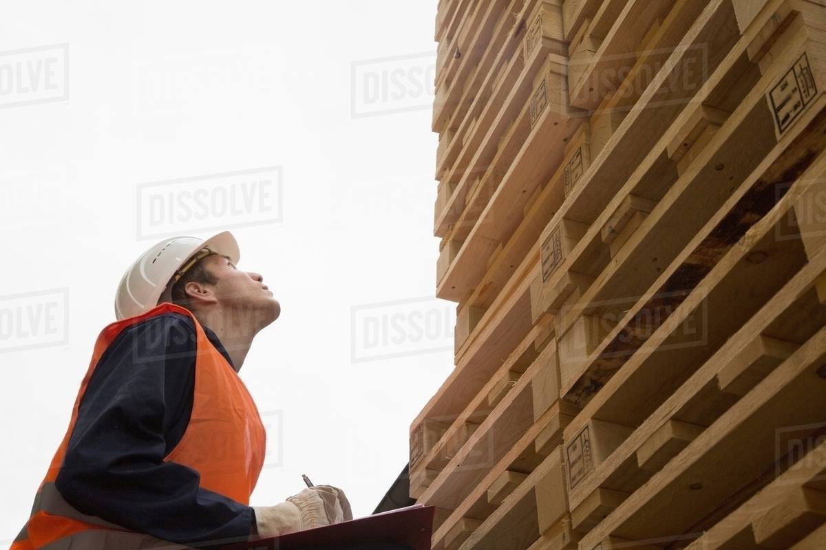 Young male worker with clipboard looking up at pallet tower in timber