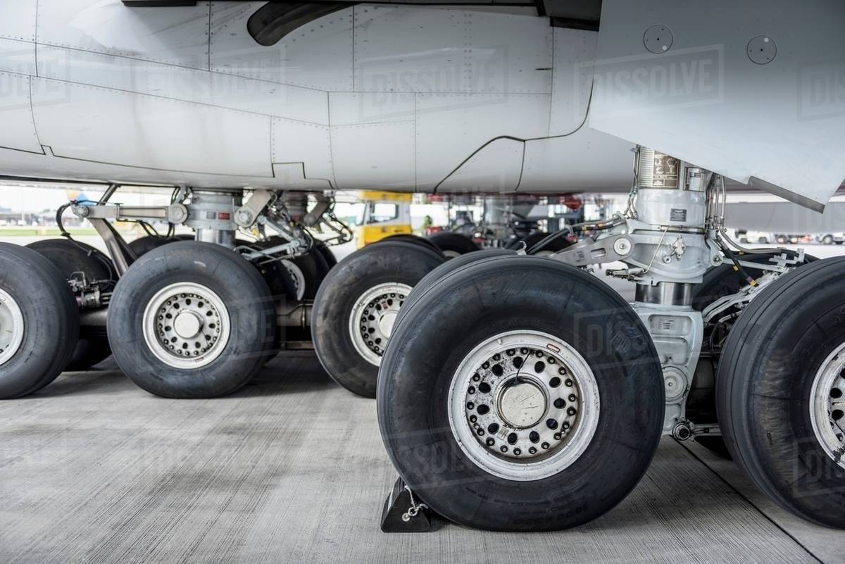 View of A380 aircraft landing gear and wheels Stock Photo Dissolve