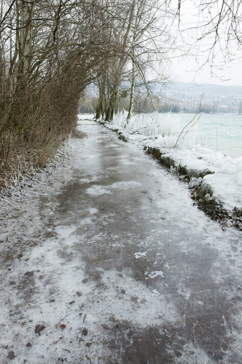 Ice-covered path along water's edge - Stock Photo - Dissolve
