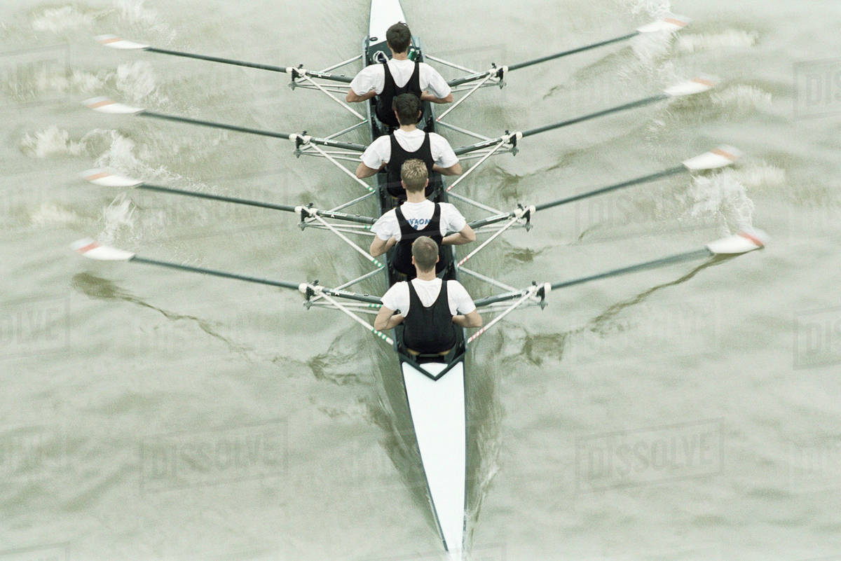 Rowing team rowing scull, oars out of water, high angle view Stock