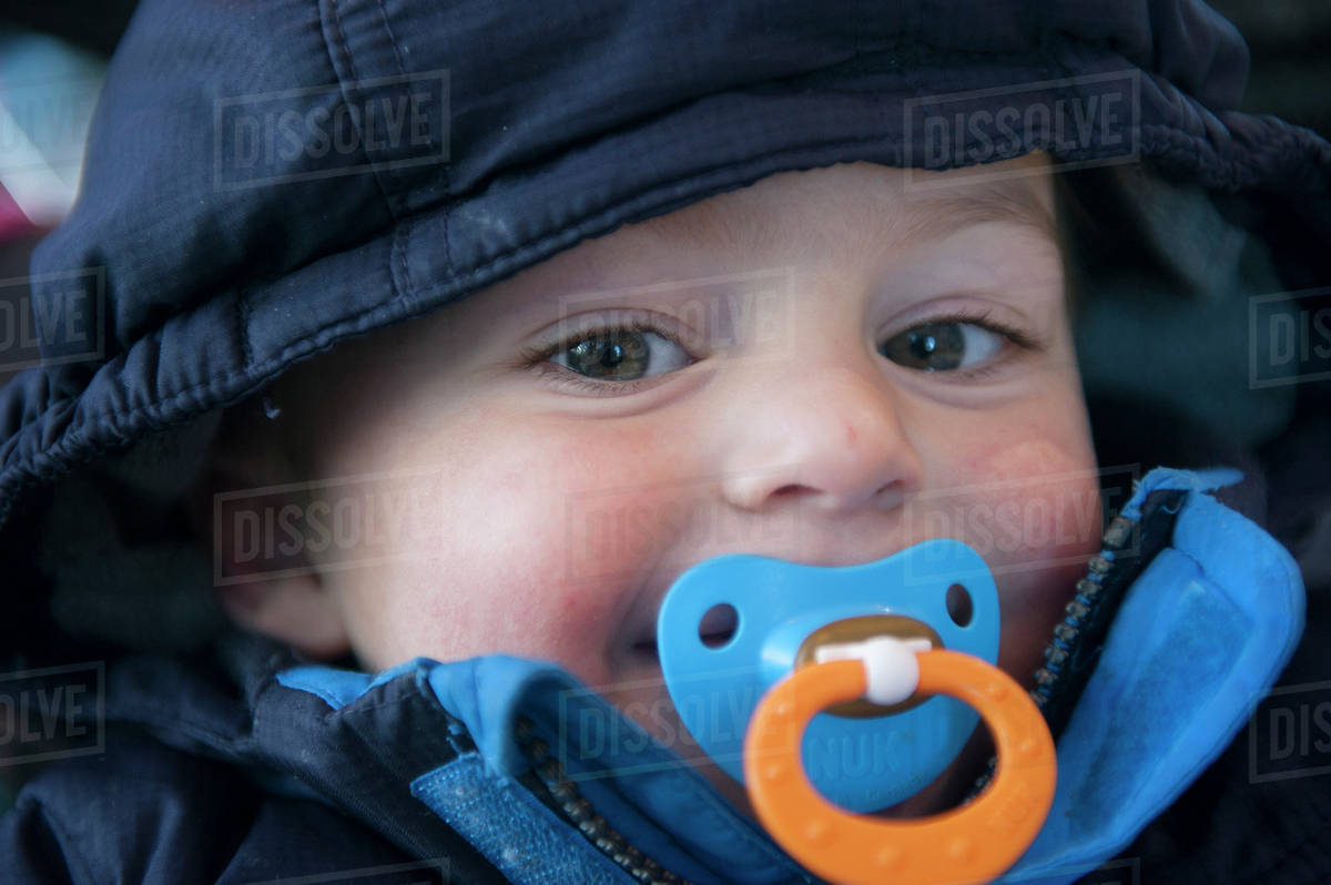 Toddler boy with pacifier in his mouth, portrait Stock Photo Dissolve