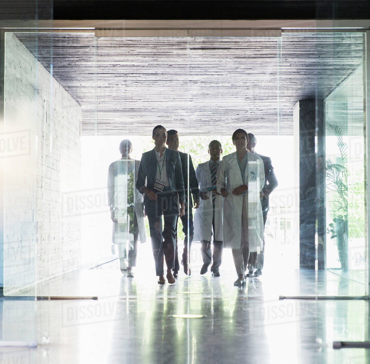 Scientists and business people approaching glass doors Royalty-free stock photo