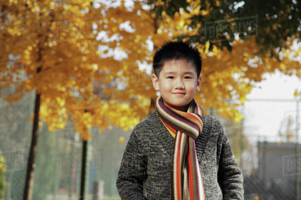 Young boy wearing sweater and scarf outdoors Royalty-free Stock