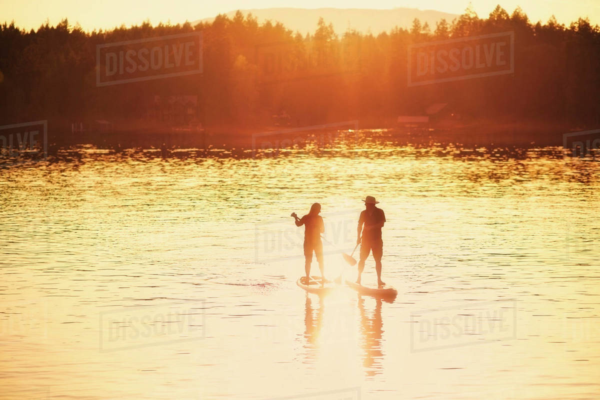 Silhouette couple standup paddleboarding on sunny sunset lake, Shawnigan Lake, Canada Royalty-free stock photo