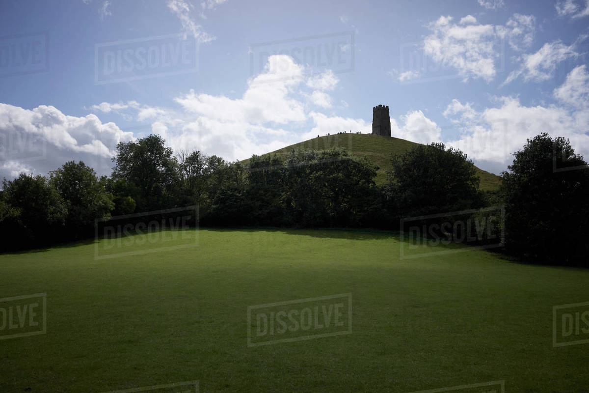 Idyllic view Glastonbury Tor on rural hilltop, Glastonbury, England Royalty-free stock photo