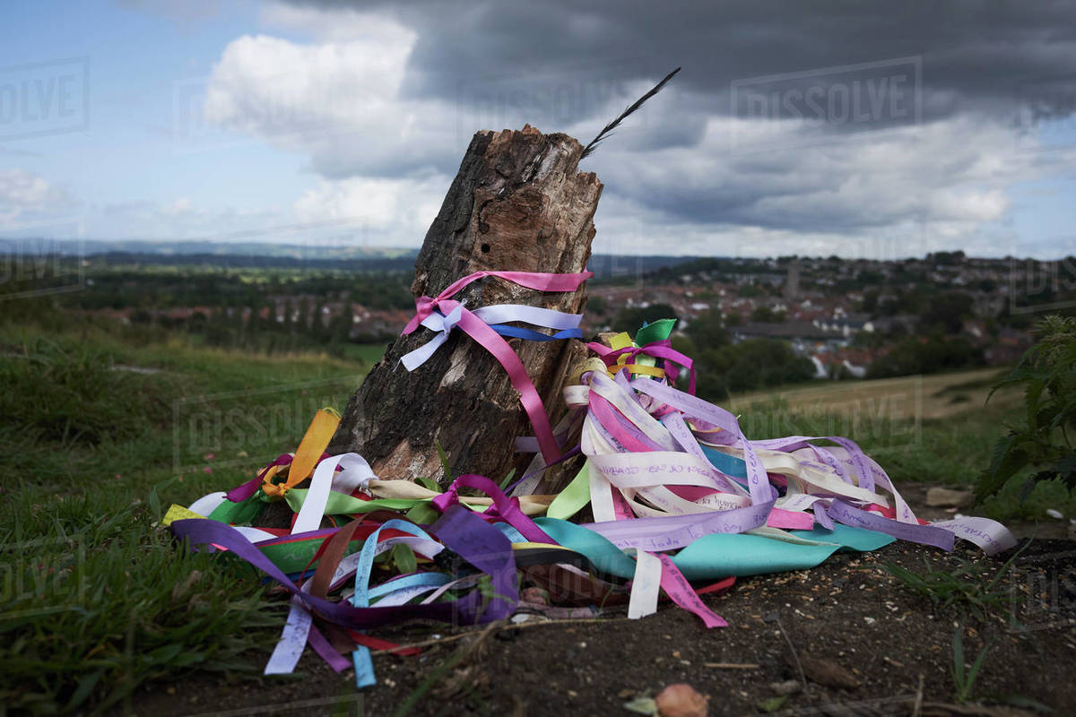 Colorful ribbons around Glastonbury Holy Thorn tree, Glastonbury, England Royalty-free stock photo