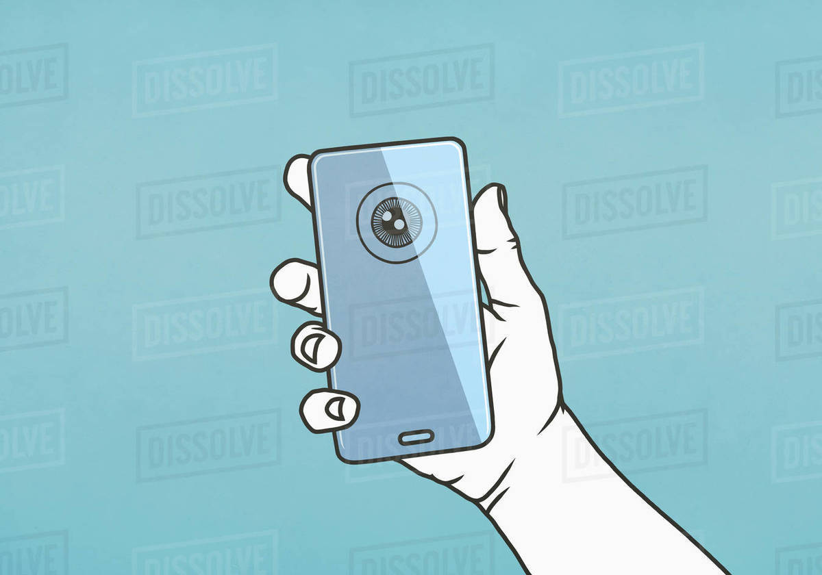 Hand holding smart phone with retina scan Stock Photo Dissolve
