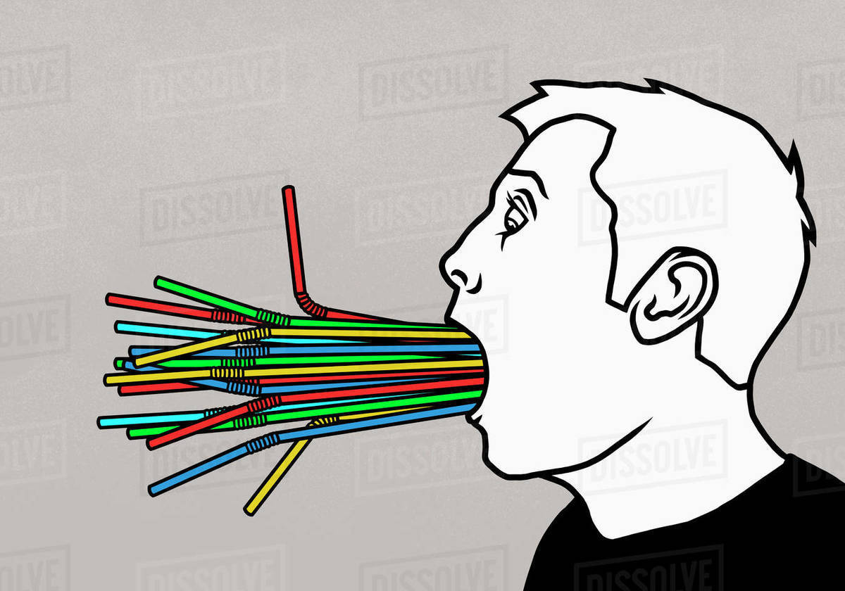 Bunch of plastic, multicolor straws stuffed in mans mouth Royalty-free stock photo