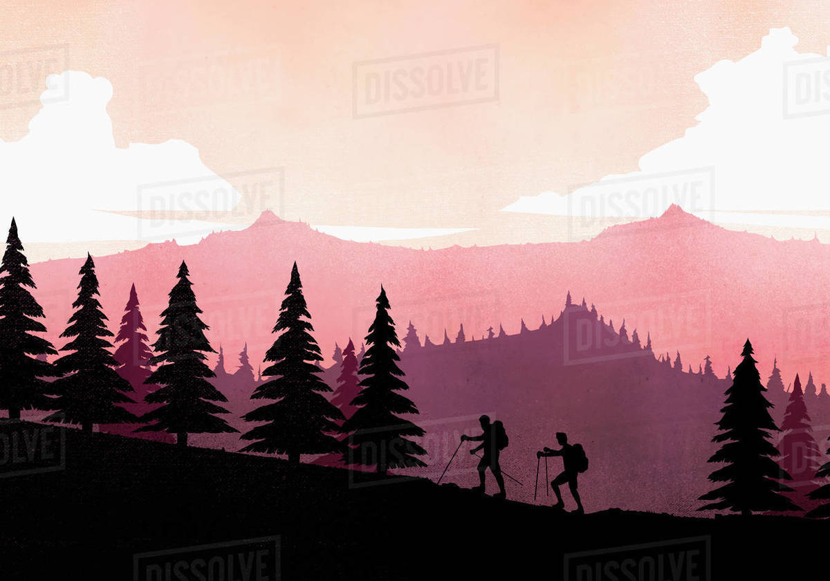 Silhouette backpackers with hiking poles ascending mountain slope Royalty-free stock photo