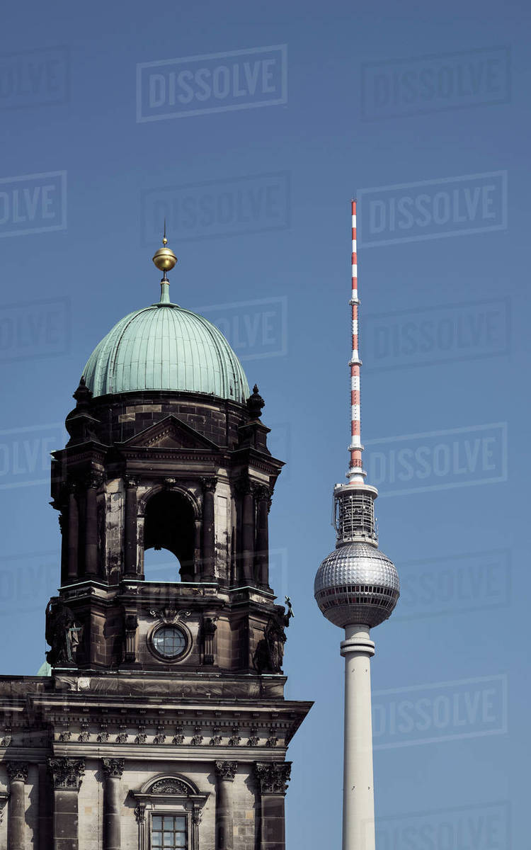 Television Tower and Berlin Cathedral against sunny, blue sky, Berlin, Germany Royalty-free stock photo