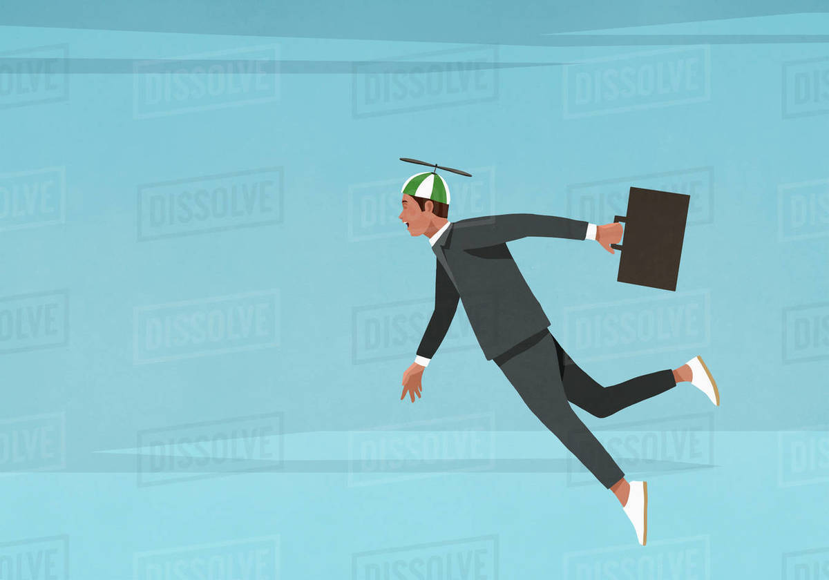 Businessman in propellor hat flying in sky - Stock Photo - Dissolve
