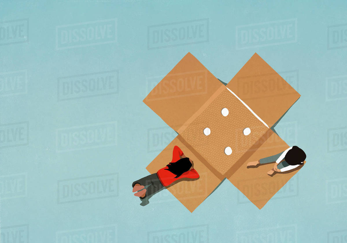 Teenage girls relaxing on large adhesive bandage Stock Photo Dissolve