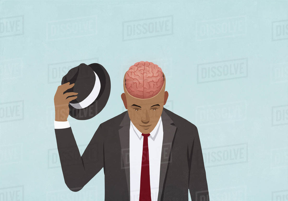 Businessman removing top hat to reveal brain Stock Photo Dissolve